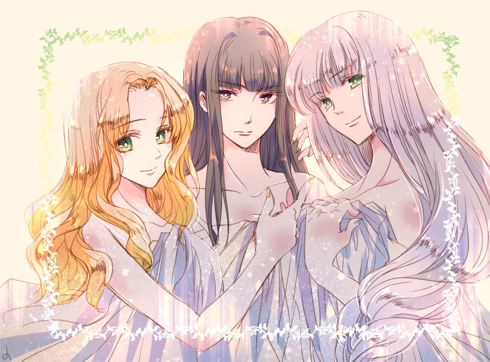 3girls bangs black_hair blonde_hair blue_eyes brown_eyes curly_hair dress harushino hrist_valkyrie lenneth_valkyrie long_hair multiple_girls pale_skin siblings silmeria_valkyrie silver_hair sisters straight_hair valkyrie valkyrie_profile white_dress