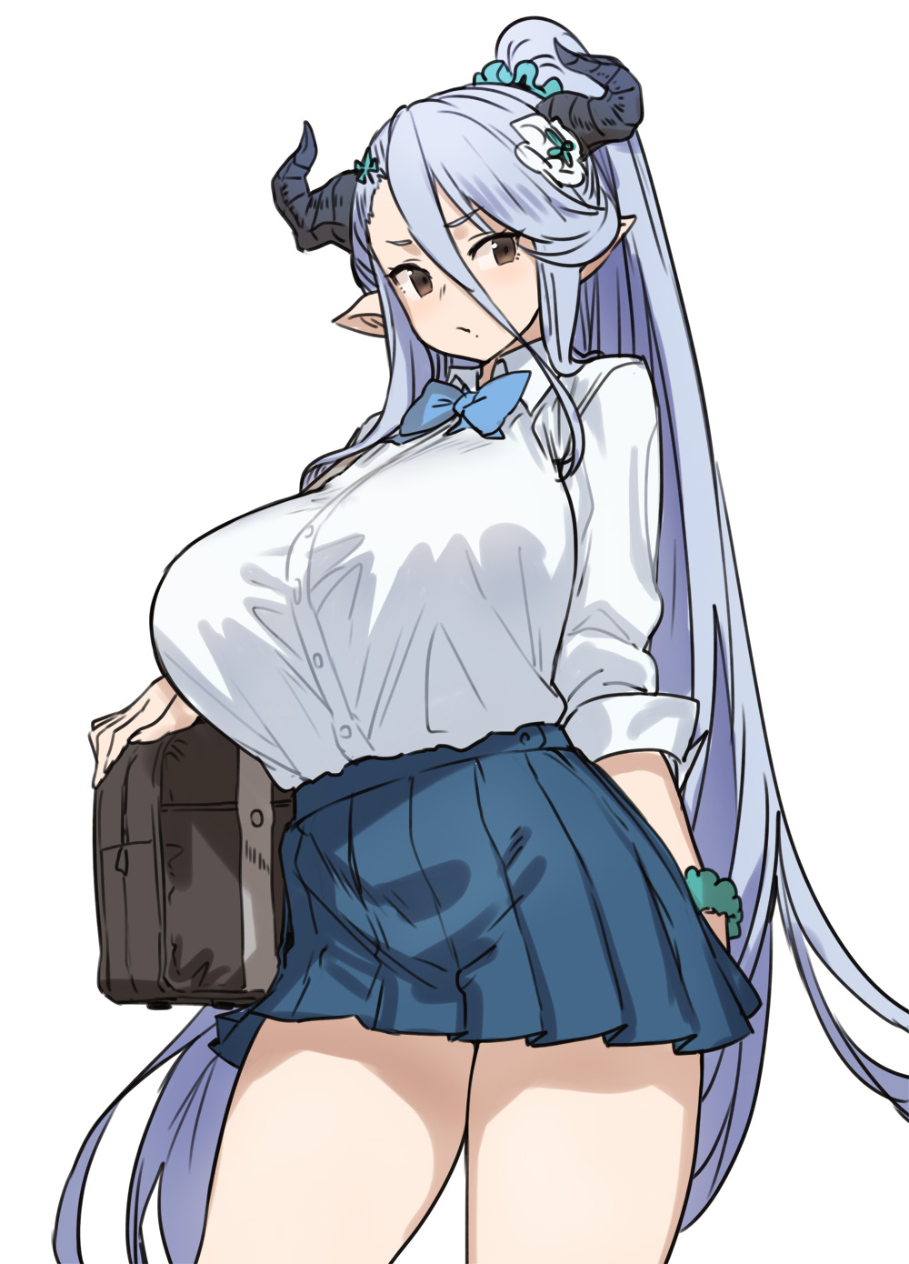 1girl :/ bag bangs blue_bow blue_bowtie blue_skirt bow bowtie breasts brown_eyes draph dress_shirt flower granblue_fantasy hair_between_eyes hair_flower hair_ornament hair_scrunchie highres horns houtengeki izmir large_breasts light_brown_hair long_hair looking_at_viewer mole mole_under_mouth pleated_skirt pointy_ears ponytail scrunchie shirt shoulder_bag simple_background skirt solo tented_shirt very_long_hair white_background white_shirt wrist_scrunchie