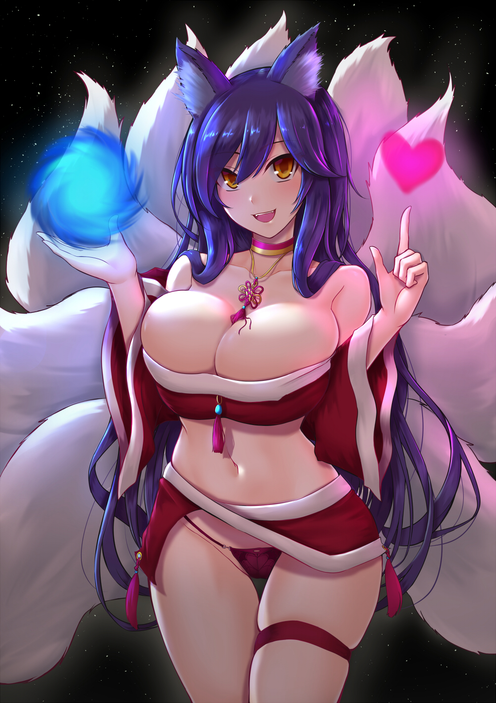 1girl ahri animal_ear_fluff animal_ears bangs bare_shoulders black_background blue_hair blush breasts choker cleavage collarbone cowboy_shot fox_ears fox_tail hair_between_eyes heart highres jewelry large_breasts league_of_legends long_hair looking_at_viewer midriff multiple_tails navel necklace open_mouth panties pao_mian+dan red_panties skindentation smile solo tail thigh_strap underwear white_tail wide_sleeves yellow_eyes