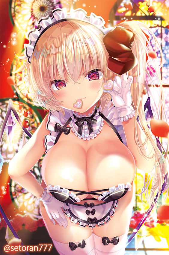 1girl alternate_breast_size alternate_costume artist_name bangs black_bow blonde_hair blush bow breasts cleavage closed_mouth commentary_request cowboy_shot crystal enmaided eyebrows_visible_through_hair flandre_scarlet frills gloves hair_between_eyes hair_bow indoors large_breasts light_rays looking_at_viewer maid maid_headdress mouth_hold one_side_up oppai_loli pekopokox red_bow red_eyes short_hair smile solo stained_glass thighhighs touhou white_gloves white_headwear white_legwear window wings