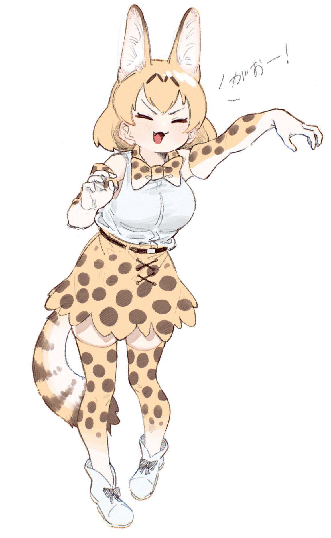 &gt;_&lt; 1girl :3 animal_ears bare_shoulders blonde_hair boots bow bowtie claw_pose elbow_gloves extra_ears fang full_body gloves high-waist_skirt highres kemono_friends kona_ming open_mouth print_gloves print_legwear print_neckwear print_skirt serval_(kemono_friends) serval_ears serval_girl serval_print serval_tail shirt short_hair skirt sleeveless solo tail thighhighs translated white_footwear white_shirt zettai_ryouiki