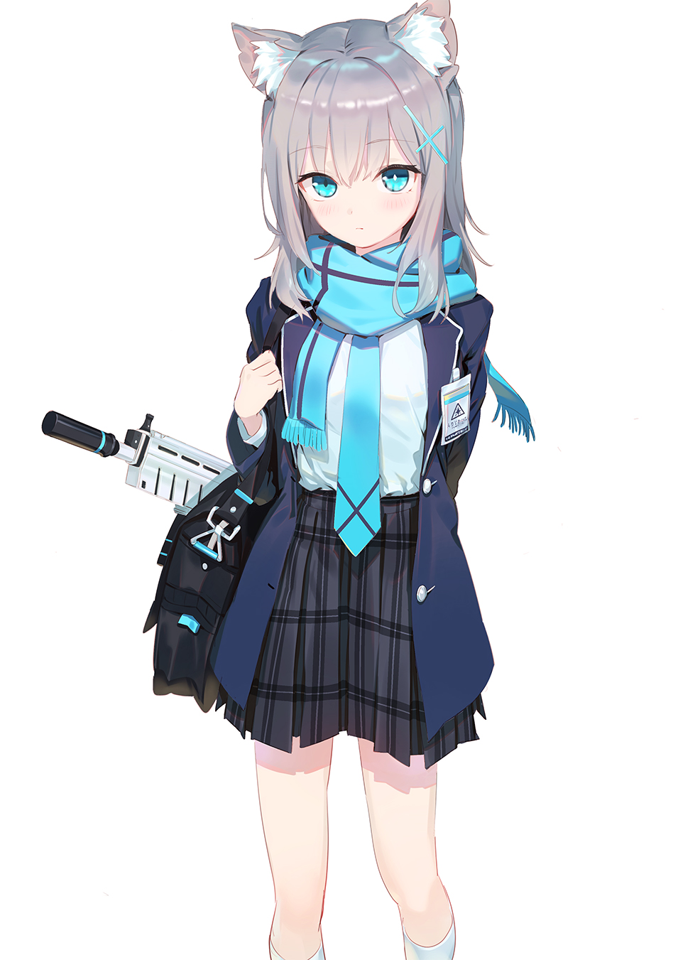 1girl animal_ears assault_rifle bag blue_archive blue_eyes commentary_request feet_out_of_frame fox_ears grey_hair gun hair_between_eyes hair_ornament highres id_card looking_at_viewer necktie rifle scarf shiroko_(blue_archive) simple_background solo wasabi60 weapon white_background