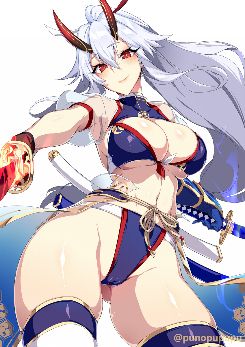 1girl bikini blue_bikini blue_gloves blush breasts closed_mouth eyebrows_visible_through_hair fate/grand_order fate_(series) front-tie_bikini front-tie_top gloves hair_between_eyes highres holding holding_sword holding_weapon horns katana large_breasts long_hair ponytail red_eyes red_horns simple_background smile solo swimsuit sword thighhighs thighs tomoe_gozen_(fate) tomoe_gozen_(swimsuit_saber)_(fate) twitter_username weapon white_background white_hair white_legwear zeroshiki_kouichi