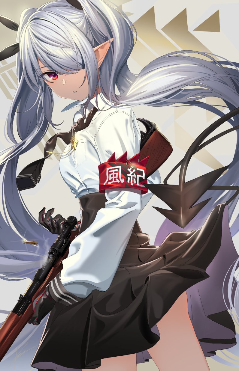 1girl blue_archive bolt_action breasts commentary_request cowboy_shot dark_skin gloves gun hair_over_one_eye highres holding holding_gun holding_weapon iori_(blue_archive) long_hair long_sleeves looking_at_viewer necktie pointy_ears poligon_(046) red_eyes rifle silver_hair skirt small_breasts solo standing tail twintails weapon