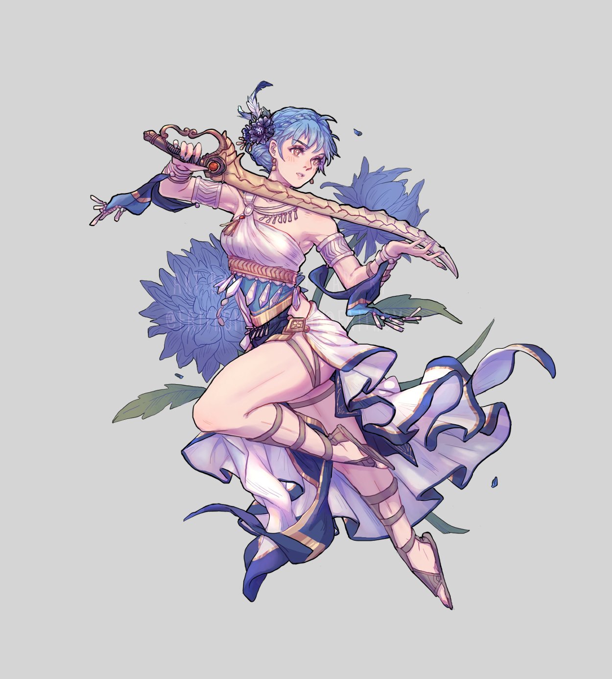 1girl blue_hair braid brown_eyes crown_braid dancer dress earrings faithom fire_emblem fire_emblem:_three_houses flower full_body grey_background hair_flower hair_ornament highres holding holding_sword holding_weapon jewelry marianne_von_edmund parted_lips simple_background solo sword weapon