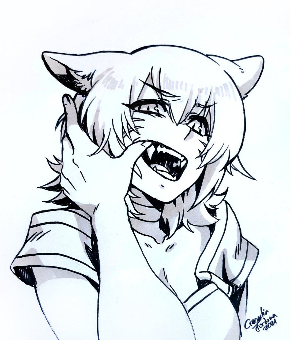 animal_ear_fluff animal_ears breasts choker cleavage collarbone crescentia doodle english_commentary eyebrows_visible_through_hair facial_mark fangs fire_emblem fire_emblem:_path_of_radiance hair_between_eyes hand_on_another's_face lethe_(fire_emblem) looking_at_viewer monochrome open_mouth pov shadow short_hair short_sleeves signature simple_background slit_pupils teeth upper_body white_background