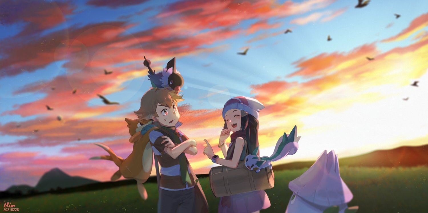 1boy 1girl bag bangs barry_(pokemon) beanie bird black_hair blurry blurry_background blush buizel chatot closed_eyes cloud commentary crossed_arms dawn_(pokemon) day duffel_bag eyelashes gen_4_pokemon grass green_scarf hair_ornament hairclip hat lens_flare long_hair on_head open_mouth outdoors pachirisu pokemon pokemon_(creature) pokemon_(game) pokemon_dppt pokemon_on_head ponimu scarf short_sleeves sky smile snover sweatdrop teeth tongue white_headwear yellow_bag