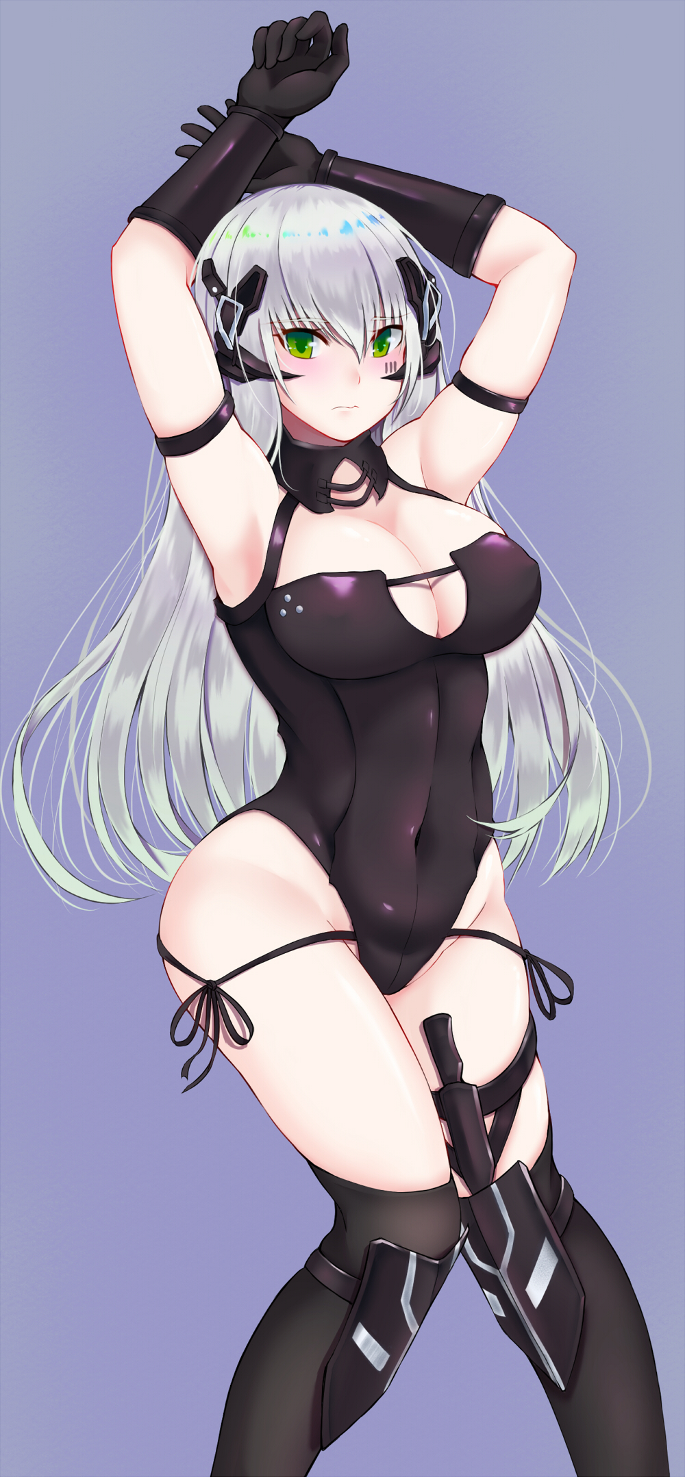 1girl bangs barcode barcode_tattoo black_corset black_gloves black_legwear blue_background blush breasts cleavage closed_mouth corset covered_navel eyebrows_visible_through_hair facial_tattoo gager_(girls_frontline) girls_frontline gloves green_eyes grey_hair groin hands_up highres knife_holster long_hair looking_at_viewer medium_breasts pao_mian+dan sangvis_ferri solo standing tattoo thighhighs thighs