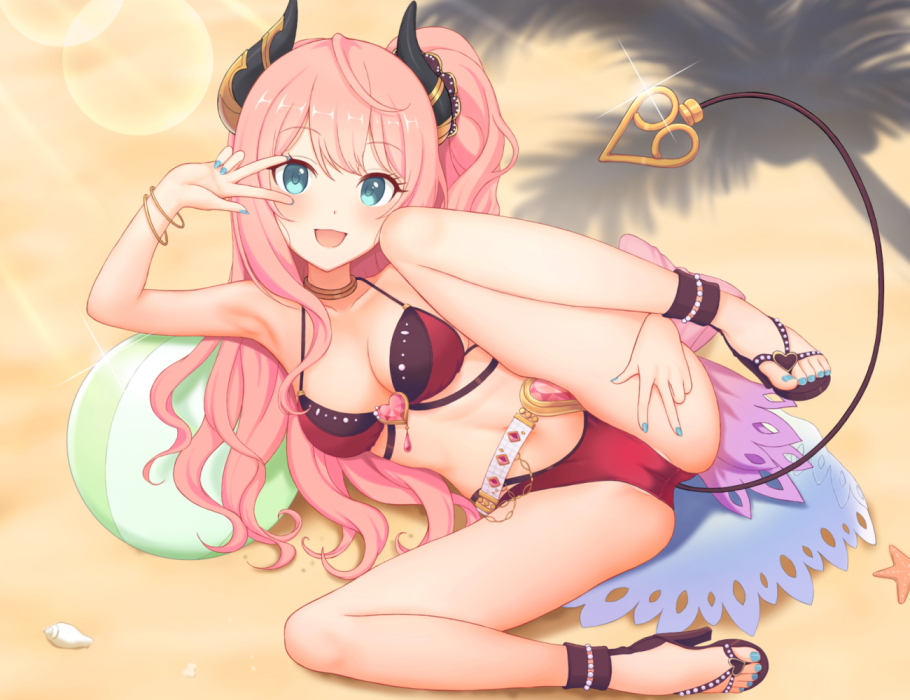 5_fingers 5_toes :d alternate_version_at_source ball bangle beach beach_ball belt bikini blue_eyes blue_nails blush bracelet breasts brown_clothing brown_footwear clothed clothing collarbone colored_nails curled_horns demon denkaisui double_v_sign eyebrow_through_hair eyebrows eyelashes feet female fingers footwear gesture hair halter_top halterneck high_heels horn horned_humanoid humanoid jewelry long_hair looking_at_viewer medium_breasts nails navel not_furry open_mouth open_smile pink_hair princess_connect! princess_connect!_re:dive red_bikini reverse_v_sign sand sandals seaside shadow shoes smile solo spade_tail spread_legs spreading suzuna_(princess_connect!) swimwear tied_hair toes translucent translucent_hair v_sign video_games white_belt