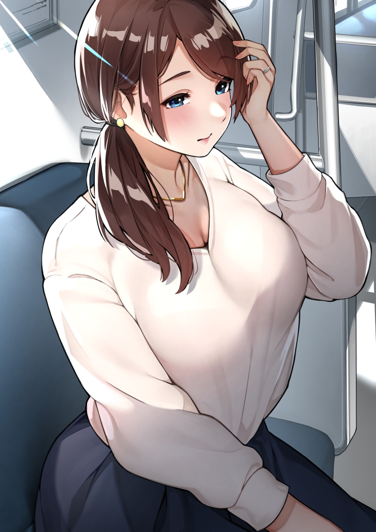 1girl bangs black_skirt blue_eyes blush breasts brown_hair cleavage closed_mouth earrings eyebrows_visible_through_hair hand_up indoors jewelry large_breasts lips long_hair long_sleeves mature necklace original ring sakuranotomoruhie shirt sitting skirt solo tied_hair train_interior white_shirt