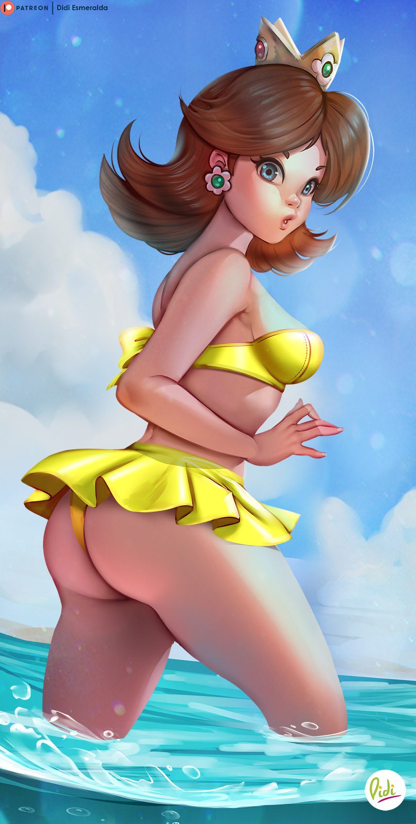 1girl artist_name ass bangs bare_shoulders bikini bikini_skirt blonde_hair blue_eyes blue_sky breasts brown_hair cloud commentary crown day didi_esmeralda earrings english_commentary flipped_hair flower_earrings from_side highres jewelry lips long_hair looking_at_viewer mario_(series) medium_breasts nostrils ocean outdoors parted_bangs parted_hair parted_lips patreon_logo patreon_username pink_lips princess_daisy reward_available signature sky solo standing strapless super_mario_land swimsuit symbol_commentary wading water watermark web_address yellow_bikini
