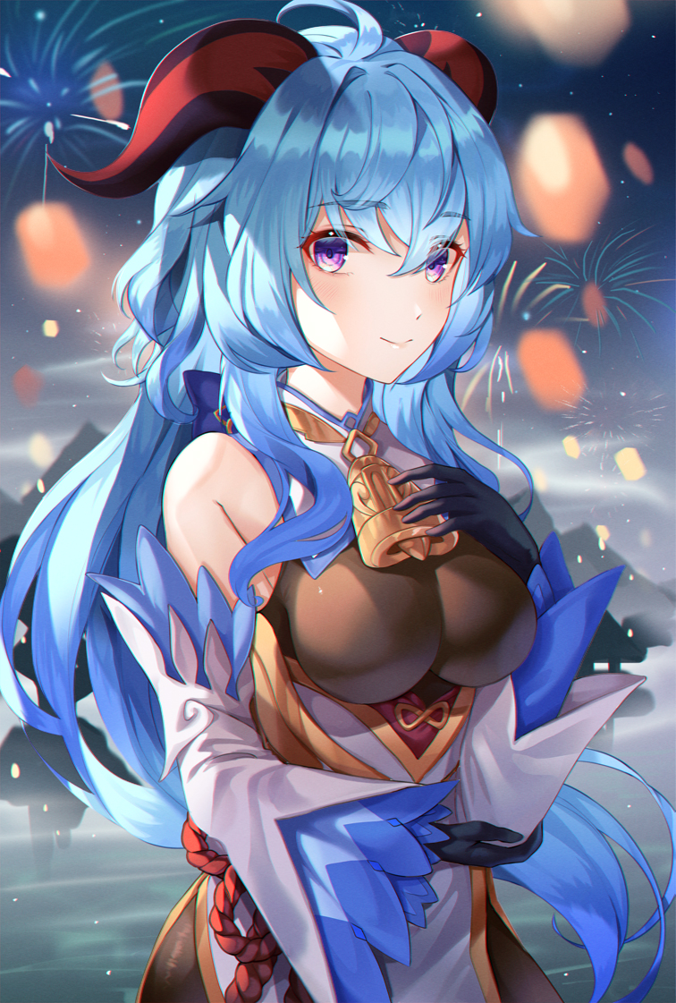 1girl ahoge bangs bare_shoulders bell black_gloves black_legwear blue_hair blurry blurry_background bodysuit breasts cowbell detached_sleeves eyebrows_visible_through_hair fireworks ganyu_(genshin_impact) genshin_impact gloves goat_horns helawid horns lantern long_hair long_sleeves looking_at_viewer medium_breasts purple_eyes sky_lantern smile solo