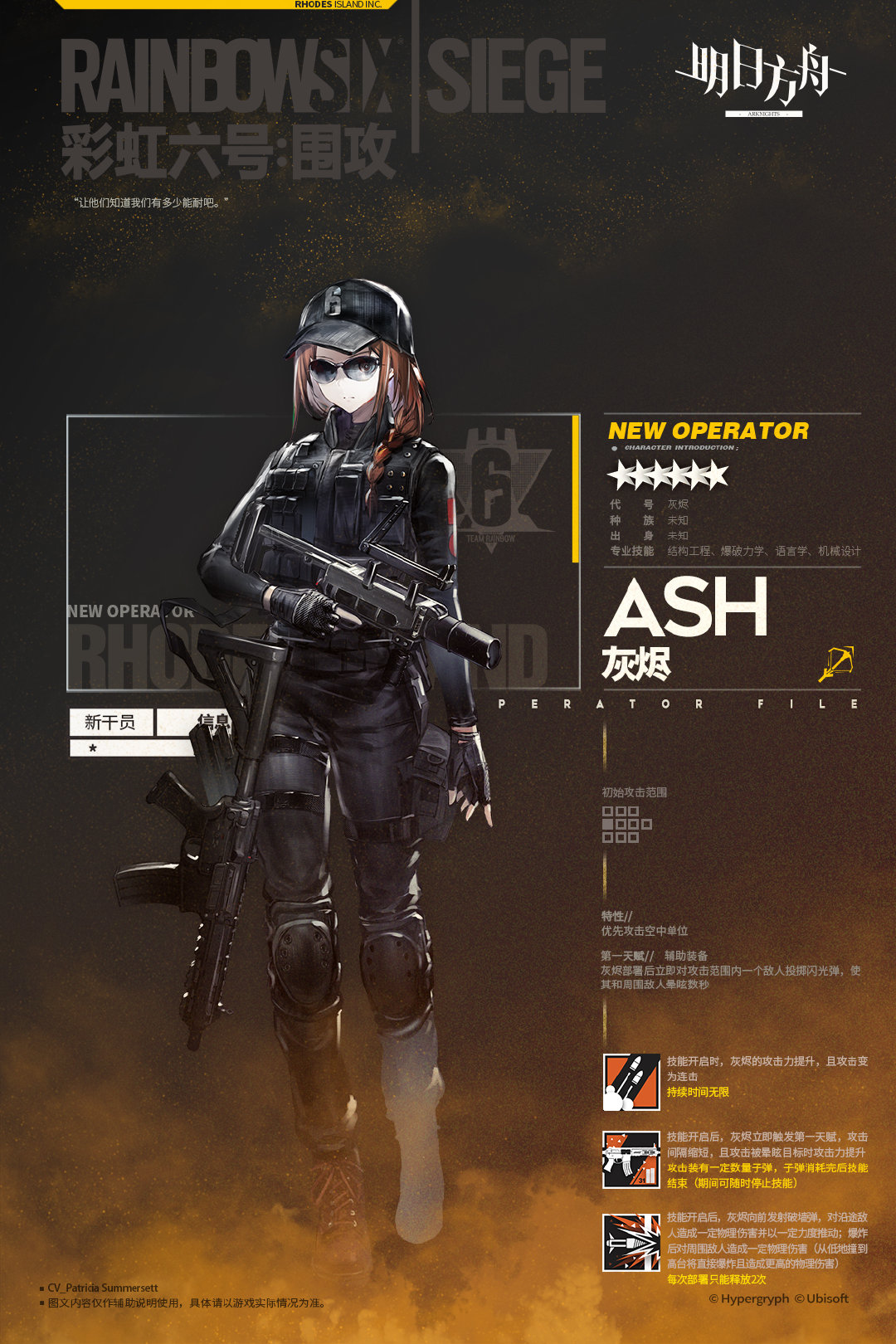 1girl arknights ash_(rainbow_six_siege) assault_rifle baseball_cap black_clothes boots braid braided_ponytail character_name crossover fingerless_gloves gloves gun hat highres knee_pads official_art rainbow_six_siege red_hair rifle solo submachine_gun sunglasses tactical_clothes trigger_discipline weapon weapon_request