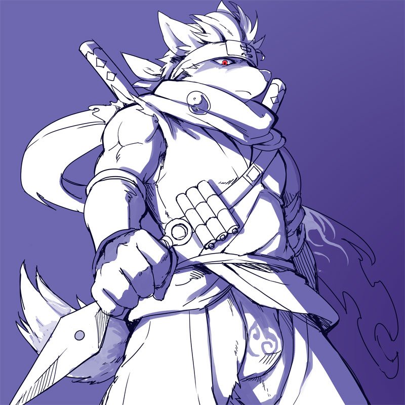 5_fingers anthro asian_clothing canid canine canis clothed clothing domestic_dog east_asian_clothing facial_scar fingers fundoshi fur hair headgear holding_kunai holding_object holding_weapon japanese_clothing male mammal melee_weapon red_eyes scar scarf scroll simamanta simple_background solo sword tadatomo tokyo_afterschool_summoners torn_clothing underwear video_games weapon