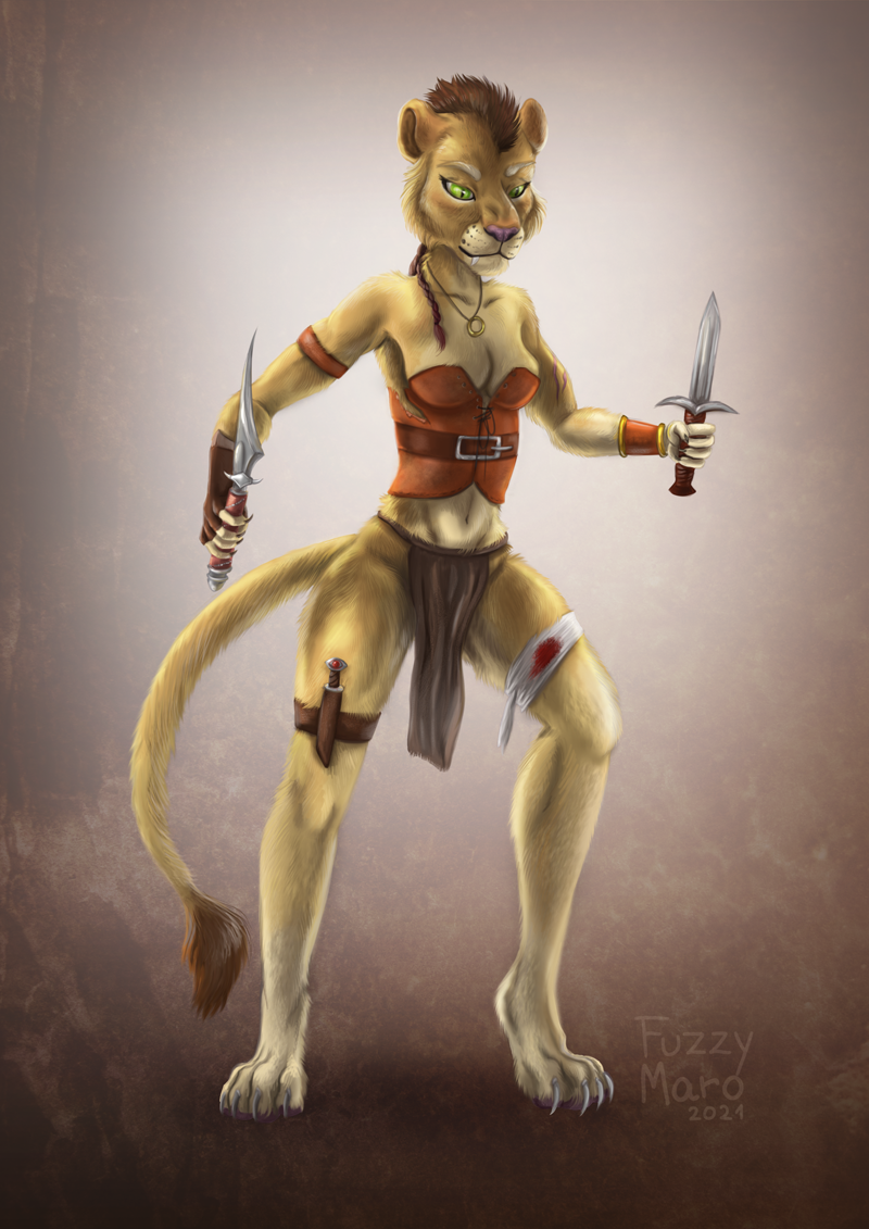 angry anthro braided_hair claws clothing felid female fuzzymaro green_eyes hair knife leather leather_clothing lion mammal mohawk pantherine solo warrior weapon wounded yellow_body