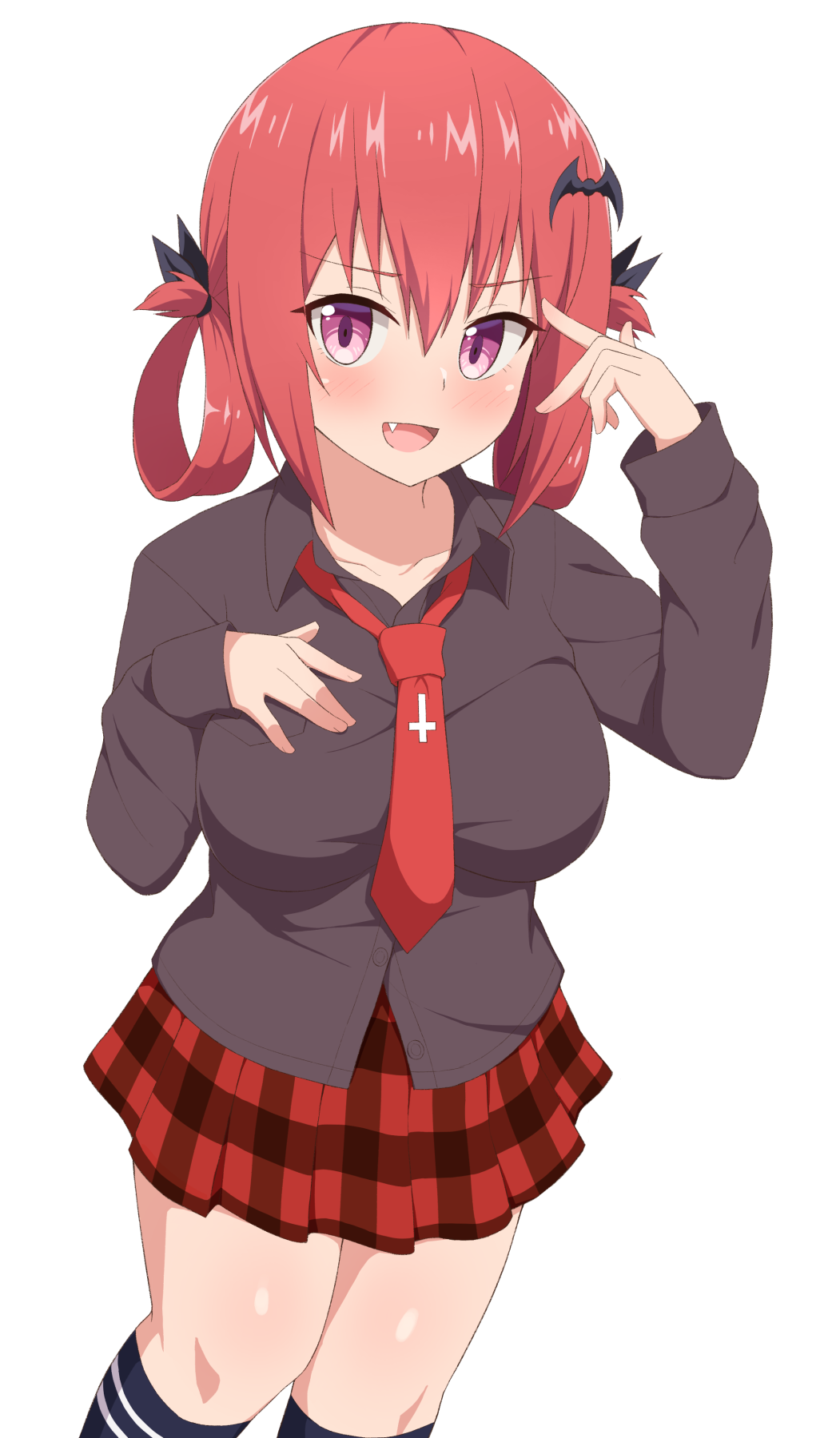 1girl bat_hair_ornament black_shirt blush breasts commentary_request fang gabriel_dropout hair_ornament hair_rings highres kurumizawa_satanichia_mcdowell large_breasts long_sleeves looking_at_viewer necktie nyaroon open_mouth pink_eyes plaid plaid_skirt red_hair red_neckwear red_skirt shirt short_hair simple_background skirt smile solo white_background