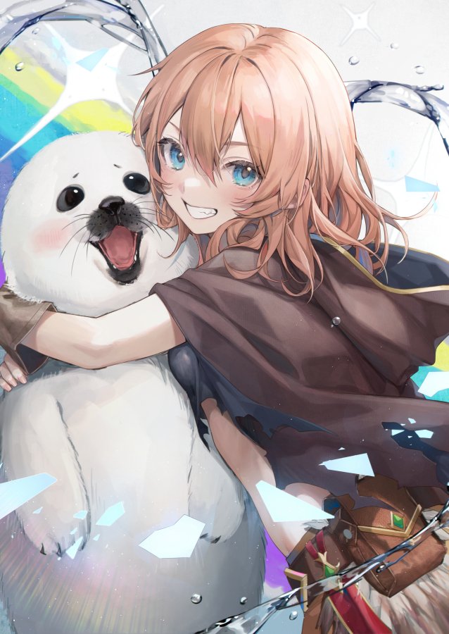 1girl animal animal_hug bag bangs blue_eyes breasts brown_gloves brown_hair cape character_request copyright_request crop_top from_side gloves grin hair_between_eyes happy hood hood_down hooded_cape hug looking_at_viewer mamemena muimi princess_connect! princess_connect!_re:dive seal shirt short_sleeves small_breasts smile solo torn_cape torn_clothes torn_shirt upper_body water