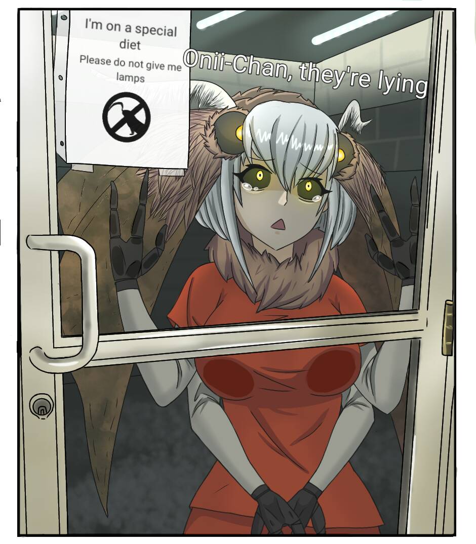 1girl against_door against_glass antennae black_sclera brick_wall ceiling_light colored_sclera commentary door door_handle elpinchishen english_commentary english_text extra_arms fur_collar glass_door insect_girl meme monster_girl moth_girl moth_wings orange_pants orange_shirt original parody prison_cell prison_clothes sad shirt short_hair sign solo tearing_up triangle_mouth white_hair wings yellow_eyes
