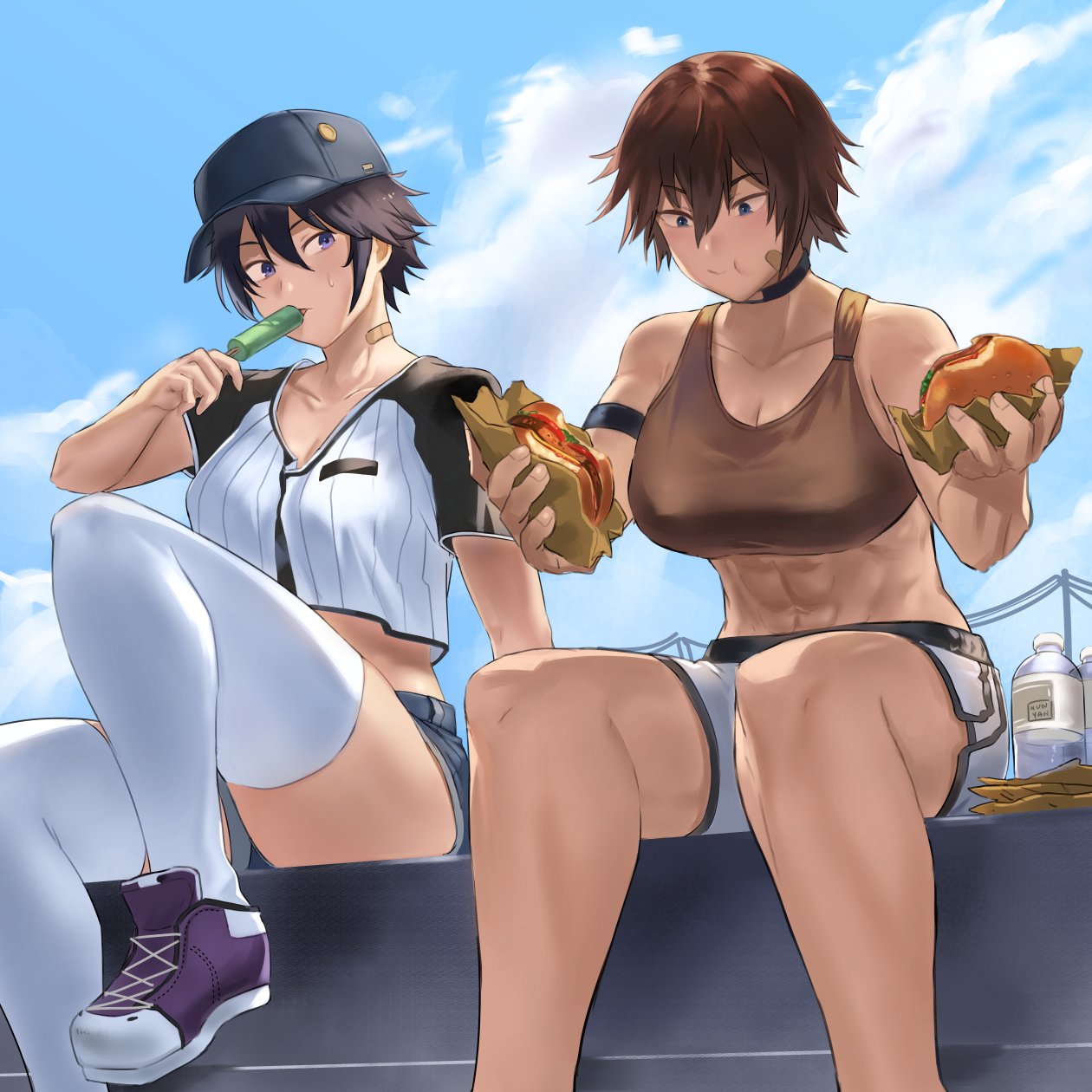 2girls :t abs bandaid bandaid_on_neck baseball_cap black_hair blue_eyes brown_hair choker crop_top day eating food hamburger hat highres holding holding_food hun_yan looking_at_another multiple_girls navel original outdoors popsicle purple_eyes shoes short_hair shorts sitting sneakers sports_bra sweatdrop thighhighs tomboy white_legwear wrapper