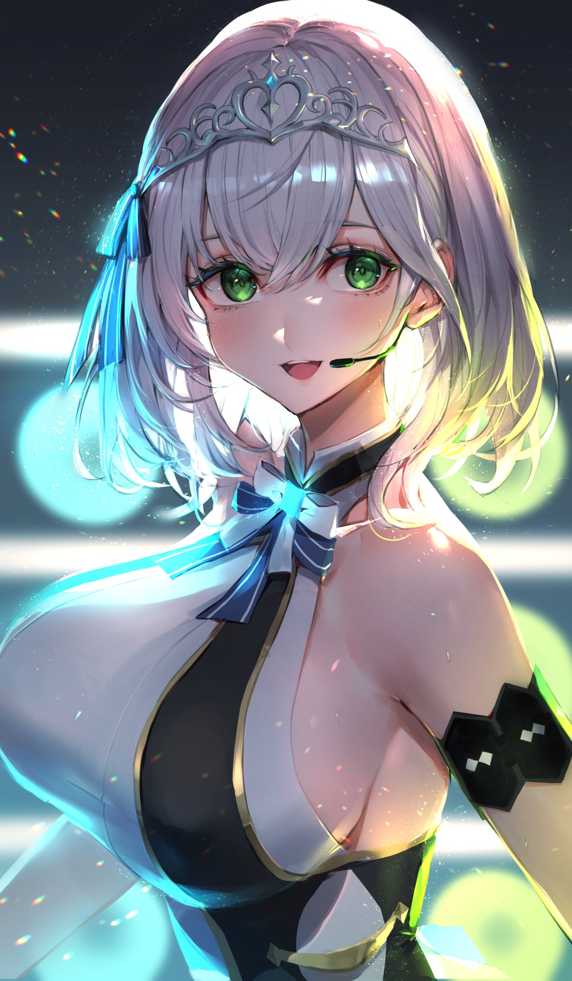 1girl bangs bare_shoulders blush breasts elbow_gloves gloves green_eyes headset highres hololive large_breasts looking_at_viewer open_mouth oyu_(sijimisizimi) shirogane_noel short_hair silver_hair smile tiara virtual_youtuber
