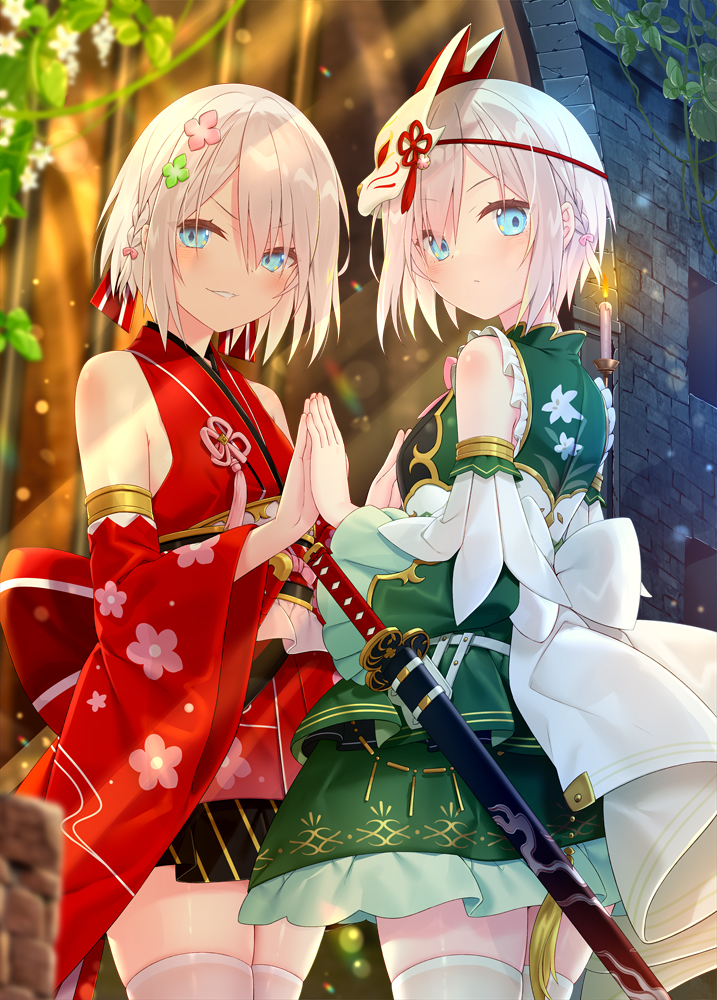2girls bangs bare_shoulders blue_eyes blush bow braid closed_mouth commentary_request copyright_request detached_sleeves eyebrows_visible_through_hair flower fox_mask green_flower green_kimono green_sleeves hair_between_eyes hair_flower hair_ornament japanese_clothes kimono long_sleeves looking_at_viewer mask mask_on_head multiple_girls obi official_art own_hands_together palms_together parted_lips pink_flower red_kimono red_sleeves sash short_hair silver_hair single_braid skindentation sleeveless sleeveless_kimono smile thighhighs white_bow white_legwear wide_sleeves yano_mitsuki