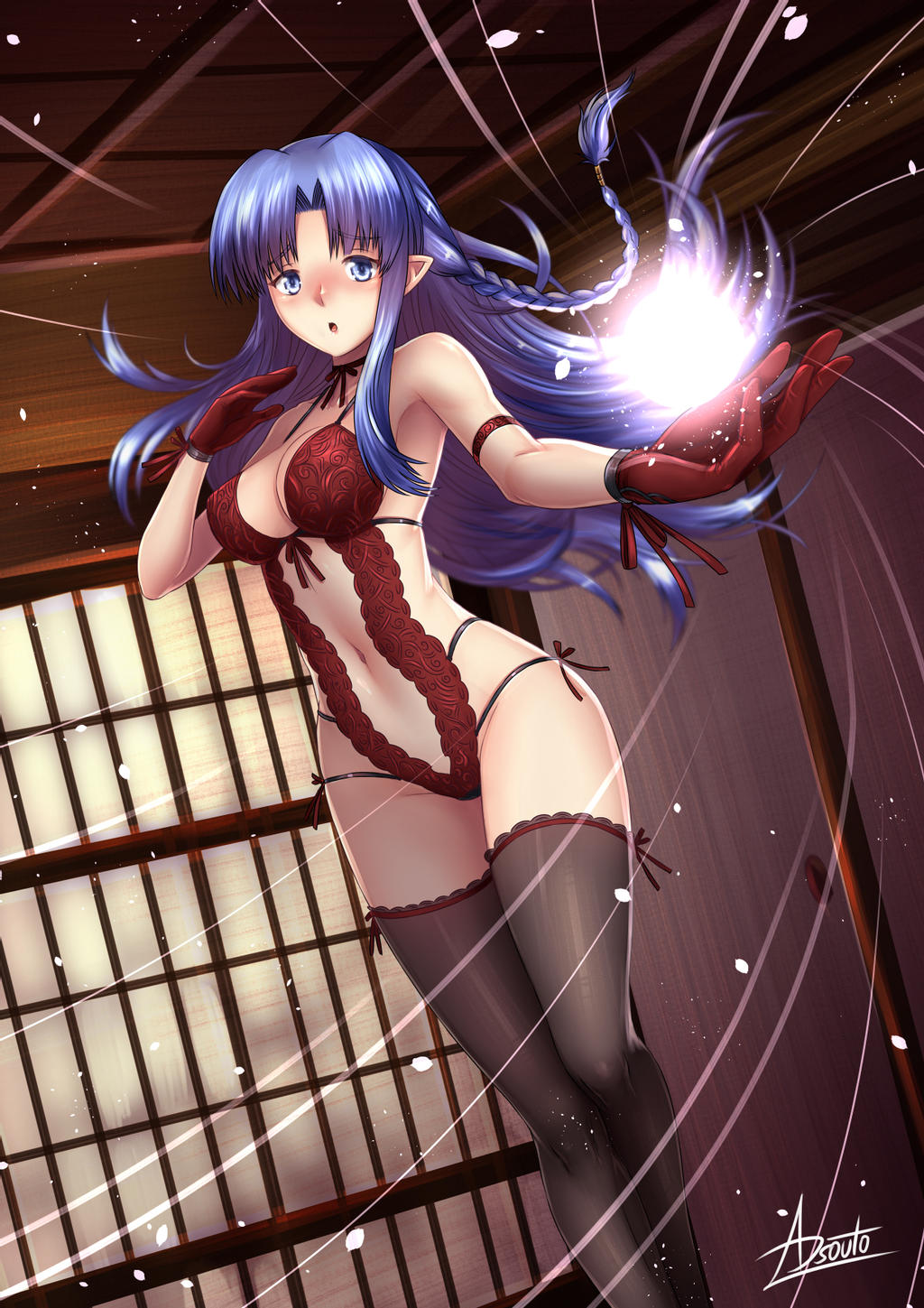 adsouto arm_strap artist_name blue_eyes blush braid breasts caster fate/stay_night fate_(series) gloves highres lingerie long_hair looking_at_viewer medium_breasts open_mouth pointy_ears purple_hair shouji sliding_doors thighhighs underwear very_long_hair