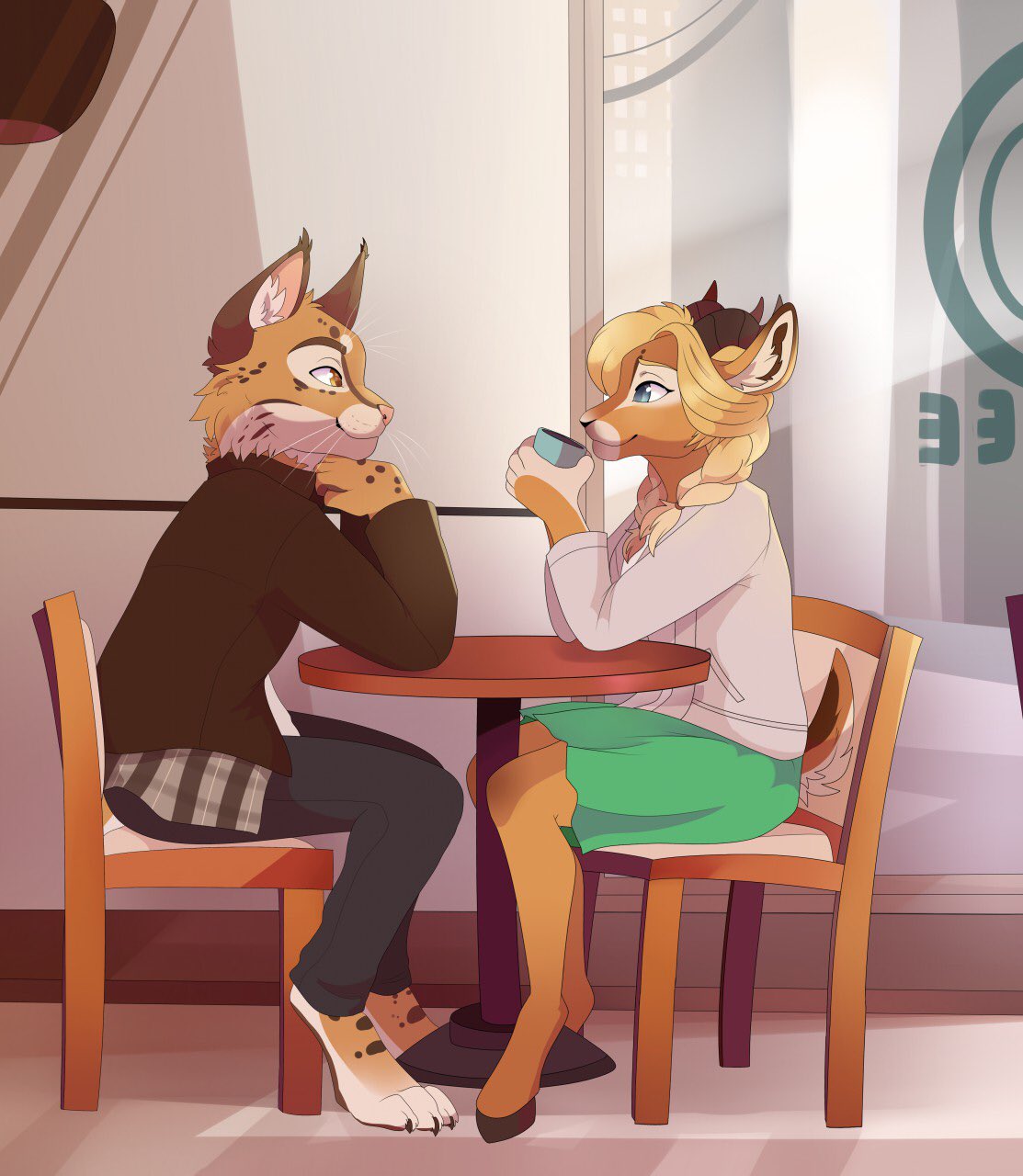 anthro beverage cervid chair coffee cup duo felid feline female feve furniture hi_res lynx male male/female mammal table