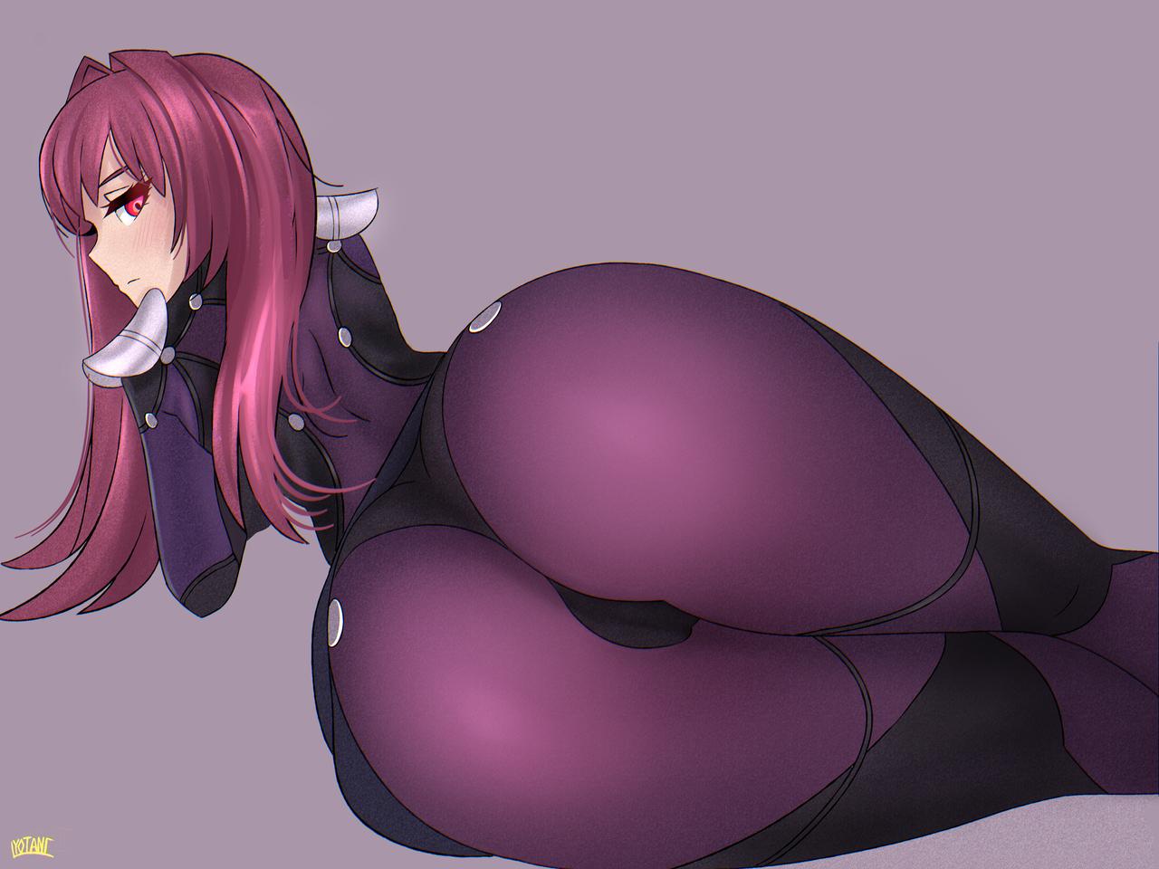 armor ass back bodysuit fate/grand_order fate_(series) long_hair lyotanc pauldrons purple_bodysuit purple_hair red_eyes scathach_(fate) scathach_(fate)_(all) shoulder_armor simple_background thighs very_long_hair