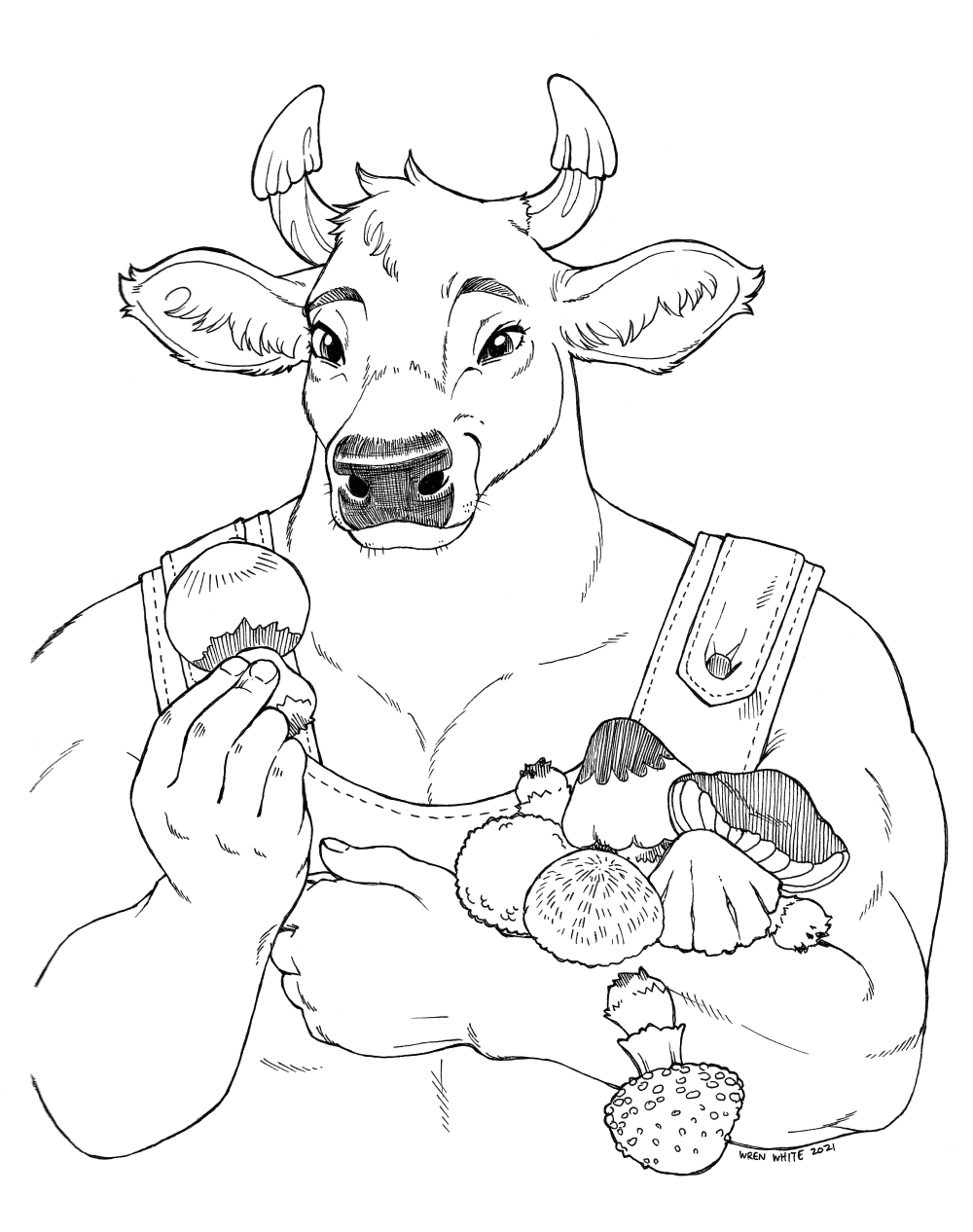 2021 anthro biceps black_nose bovid bovine cattle clothing dropping_object fungus hi_res holding_object horn irrisorie line_art male mammal muscular muscular_anthro muscular_male mushroom overalls overalls_only pecks simple_background solo white_background
