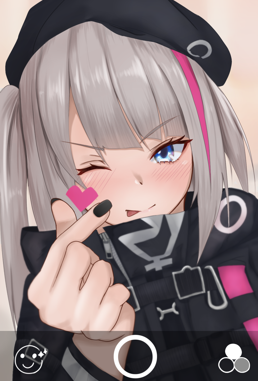 1girl beret black_headwear black_nails blue_eyes blush closed_mouth eyebrows_visible_through_hair girls_frontline hat heart heart_print highres holding holding_phone jacket long_hair looking_at_viewer mdr_(girls_frontline) multicolored_hair nail_polish one_eye_closed phone phone_screen screen silver_hair simple_background solo_focus taishi_karibe tongue tongue_out uniform