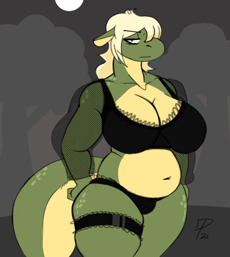 anthro belly big_breasts blue_eyes breasts clothing dpronin dragon female green_body green_scales lingerie looking_at_viewer outside plant scales scalie solo sophie_(shyguy9) tree