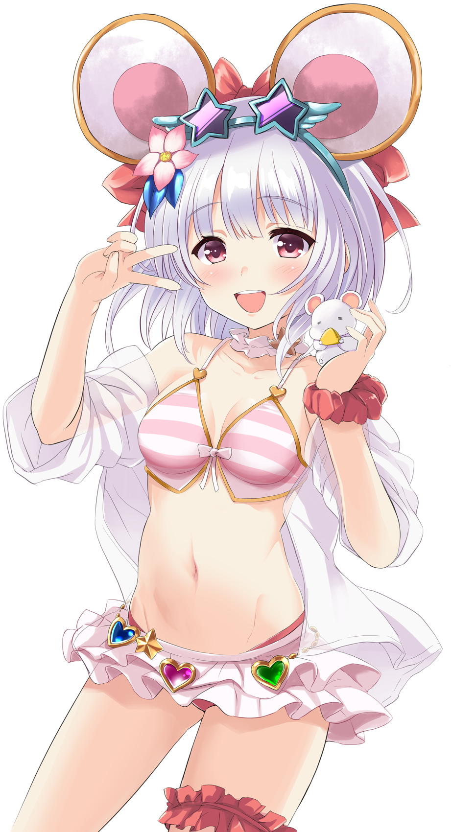 1girl :d animal_ears bangs bikini blush breasts cheese contrapposto cowboy_shot eyebrows_visible_through_hair flower food garters granblue_fantasy grey_hair groin hair_flower hair_ornament hair_ribbon highres holding looking_at_viewer miniskirt mouse mouse_ears navel off_shoulder official_alternate_costume open_clothes open_mouth open_shirt pink_flower red_eyes red_garter red_ribbon red_scrunchie ribbon scrunchie see-through shirt short_hair short_sleeves simple_background skirt small_breasts smile solo souryuu standing star-shaped_eyewear striped striped_bikini sunglasses swimsuit v vikala_(granblue_fantasy) white_background white_shirt white_skirt