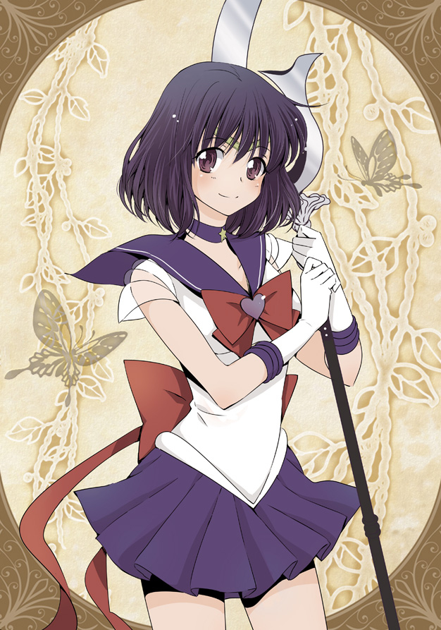 1girl bishoujo_senshi_sailor_moon black_hair bow brooch brown_background choker circlet closed_mouth cowboy_shot gloves holding holding_spear holding_weapon jewelry looking_at_viewer magical_girl pleated_skirt polearm purple_eyes purple_neckwear purple_sailor_collar purple_skirt red_bow sailor_collar sailor_saturn sailor_senshi_uniform short_hair silence_glaive skirt smile solo spear standing star_(symbol) star_choker super_sailor_saturn tomoe_hotaru weapon white_gloves xiuren