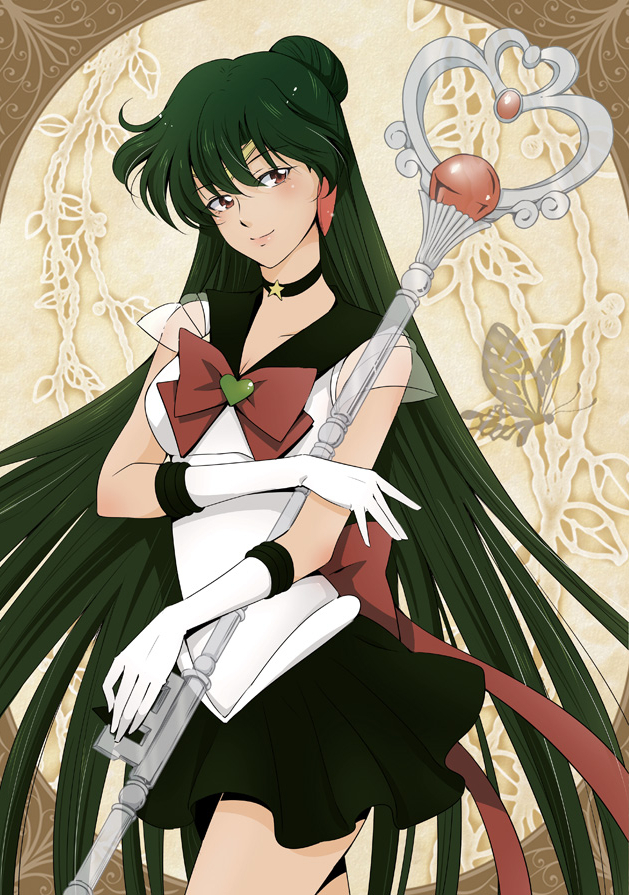 1girl back_bow bishoujo_senshi_sailor_moon black_neckwear black_sailor_collar black_skirt blush bow brooch brown_background choker circlet closed_mouth cowboy_shot earrings elbow_gloves garnet_rod gloves green_hair hair_bun holding holding_staff jewelry long_hair looking_at_viewer magical_girl meiou_setsuna pleated_skirt red_bow red_eyes sailor_collar sailor_pluto sailor_senshi_uniform skirt smile solo staff standing star_(symbol) star_choker super_sailor_pluto tan white_gloves xiuren