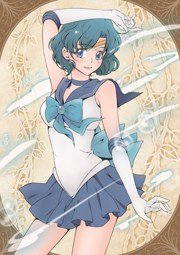 1girl back_bow bishoujo_senshi_sailor_moon blue_bow blue_eyes blue_hair blue_neckwear blue_sailor_collar blue_skirt bow brooch brown_background choker circlet cowboy_shot elbow_gloves gloves jewelry legs_apart looking_at_viewer magical_girl mizuno_ami open_mouth pleated_skirt sailor_collar sailor_mercury sailor_senshi_uniform short_hair skirt smile solo standing white_gloves xiuren