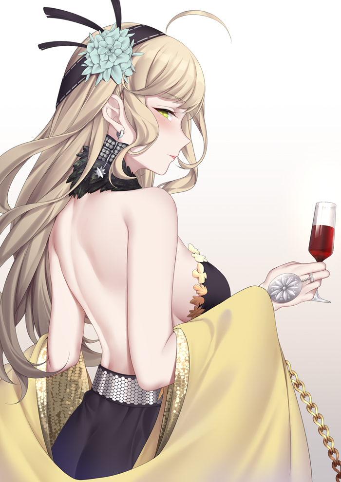 1girl back backless_dress backless_outfit black_dress black_hairband blonde_hair breasts cup dress drinking_glass earrings green_eyes hairband holding holding_cup jewelry long_hair medium_breasts missouri_(warship_girls_r) sleeveless sleeveless_dress solo star_(symbol) star_earrings warship_girls_r wine_glass zhixiang_zhi