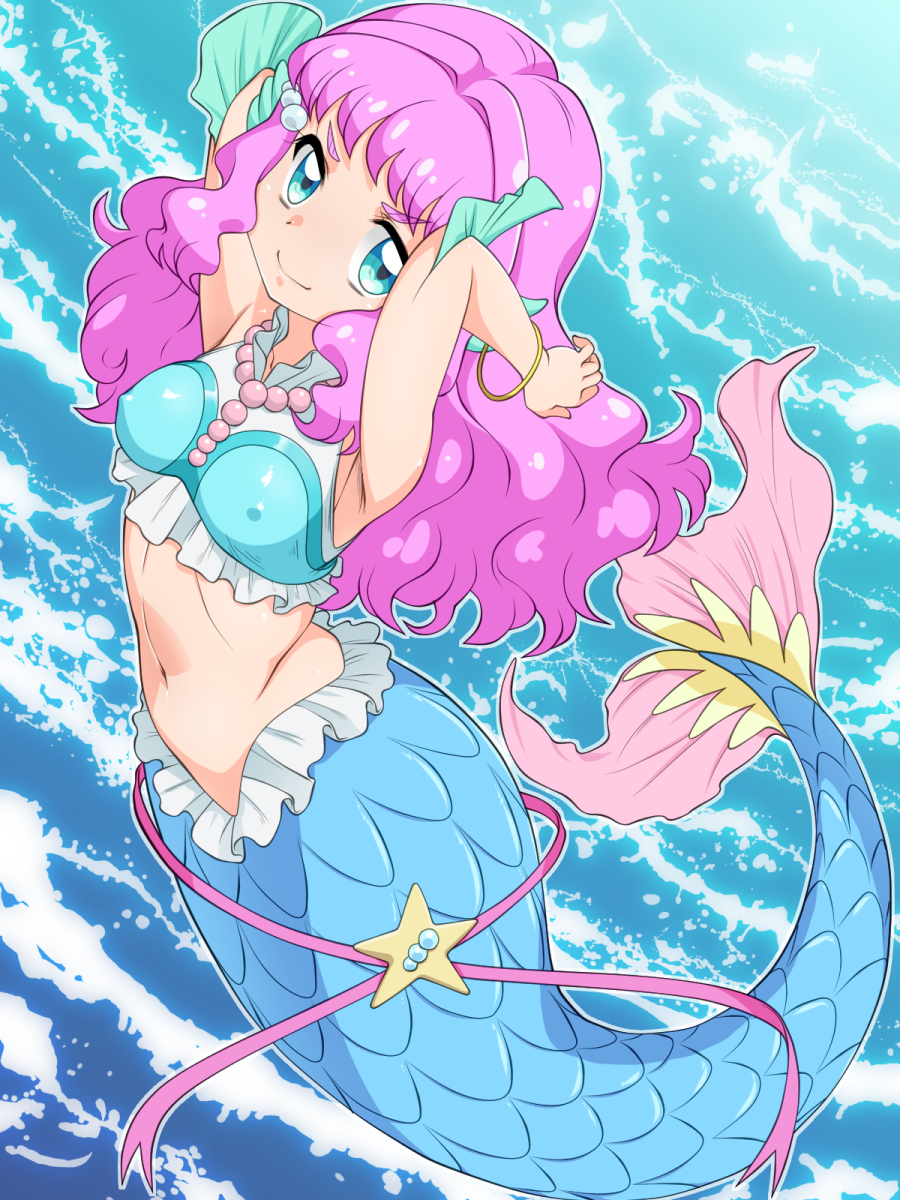 1girl armpits blue_background blue_eyes bracelet breasts covered_nipples eyebrows_visible_through_hair full_body hair_ornament highres jewelry laura_(precure) long_hair looking_at_viewer medium_breasts mermaid midriff monster_girl navel nurugamer-kouyouju pearl_hair_ornament pink_hair precure solo stomach thick_eyebrows tropical-rouge!_precure