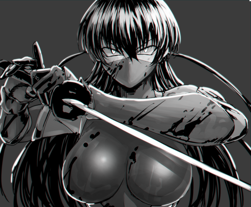 1girl banned_artist blood blood_on_face blood_splatter bloody_clothes bloody_weapon bodysuit facial_mark glowing glowing_eyes holding holding_sword holding_weapon igawa_asagi impossible_bodysuit impossible_clothes iwamoto_eiri katana mask monochrome mouth_mask ninja ninja_mask skin_tight slit_pupils solo sword taimanin_(series) taimanin_asagi taimanin_suit upper_body weapon