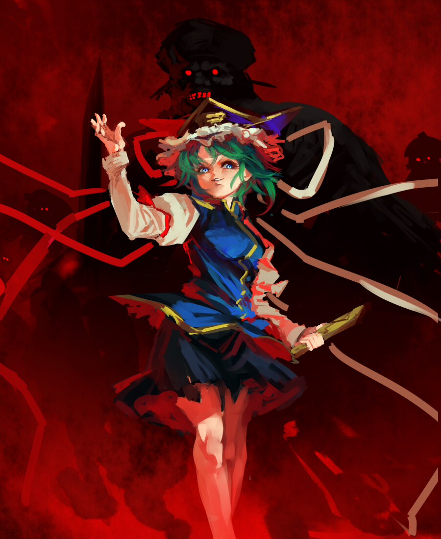 1girl black_skirt blue_eyes blue_vest feet_out_of_frame green_hair hand_up hat holding inishie_kumo juliet_sleeves long_sleeves looking_at_viewer medium_hair monster parted_lips puffy_sleeves purple_headwear red_background red_ribbon ribbon shiki_eiki skirt sleeve_ribbon smile solo standing touhou vest