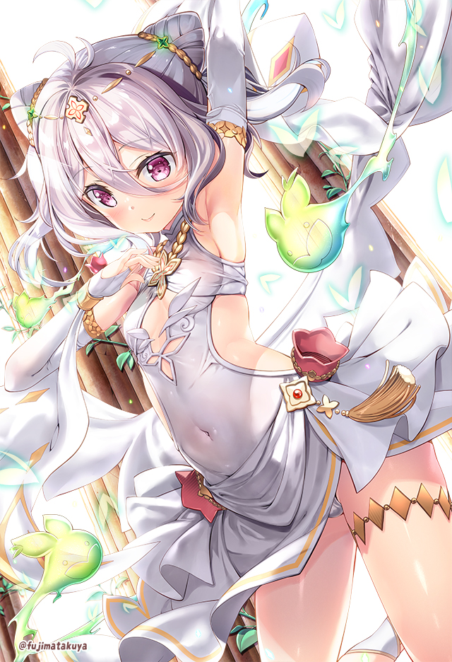 1girl arm_up armpits bangs bare_shoulders breasts bridal_gauntlets closed_mouth commentary_request covered_navel dress eyebrows_visible_through_hair fujima_takuya hair_between_eyes hair_cones kokkoro_(princess_connect!) princess_connect! princess_connect!_re:dive red_eyes silver_hair sleeveless sleeveless_dress small_breasts smile solo twintails twitter_username white_background white_dress