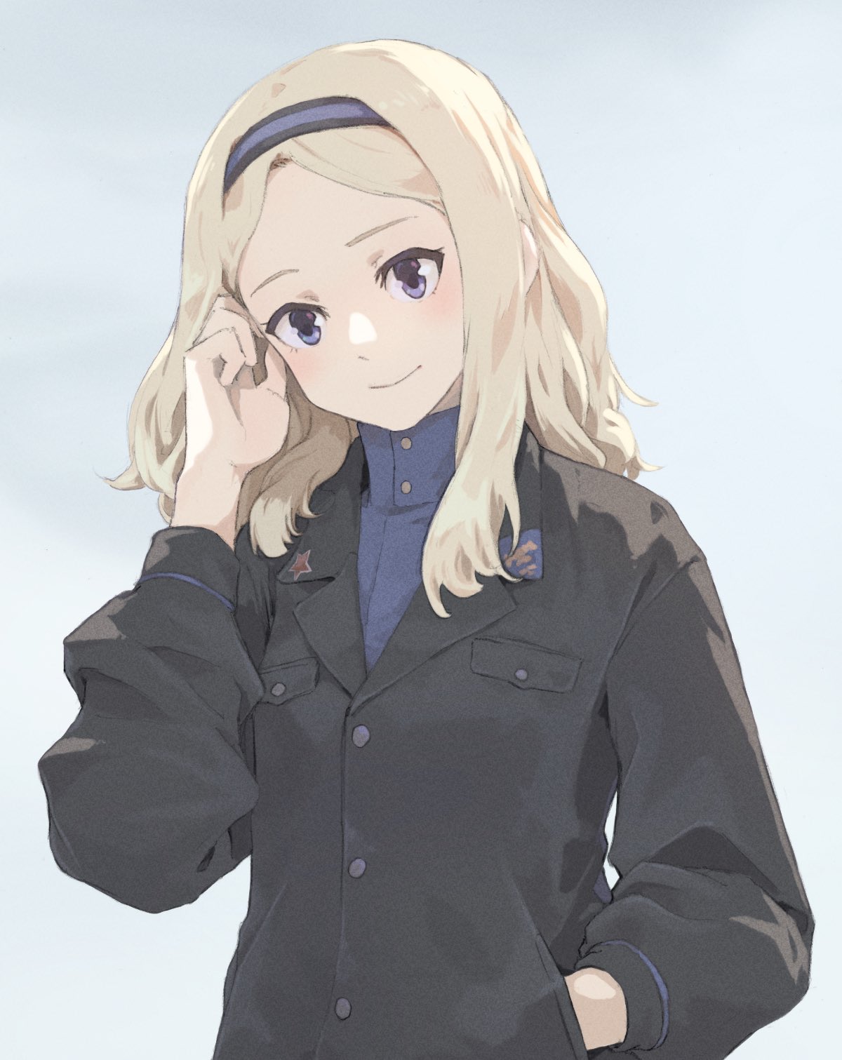 1girl adjusting_hair aleksandra_i_pokryshkin black_shirt blonde_hair blue_eyes blue_shirt brave_witches closed_mouth hairband hand_in_pocket highres looking_at_viewer military military_uniform shiratama_(hockey) shirt sky smile solo uniform upper_body world_witches_series