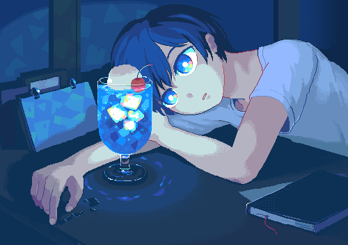 1boy animated animated_gif blinking blue_eyes blue_hair book bubble cherry desk drink food fruit ice ice_cube looking_at_object lowres lying open_mouth pixel_art shirt toyoi_yuuta white_shirt