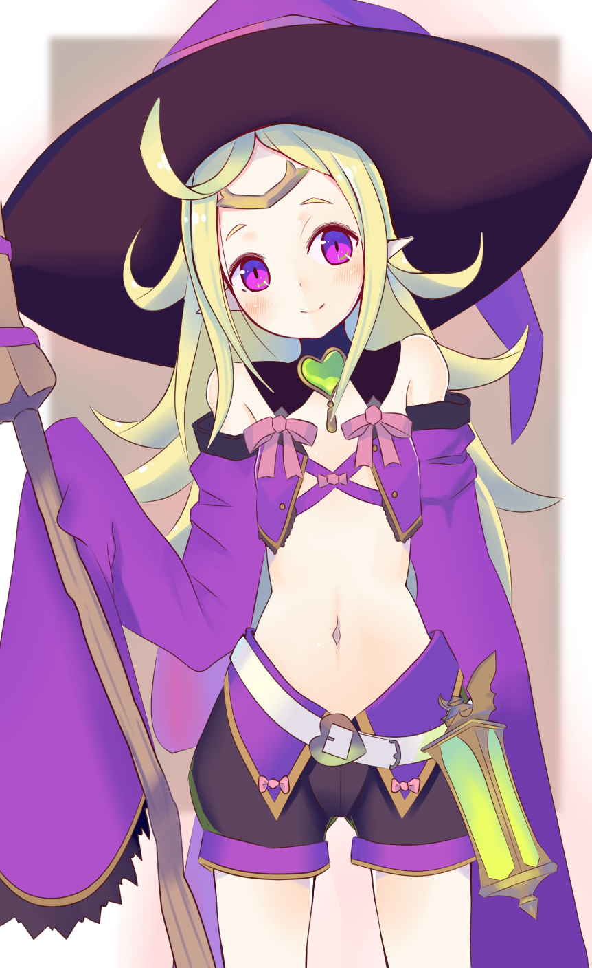 1girl ahoge bangs bare_shoulders belt black_shorts blush breasts broom circlet closed_mouth commentary_request cowboy_shot detached_sleeves fire_emblem fire_emblem_awakening fire_emblem_heroes green_hair hair_down halloween_costume hat head_tilt highres holding holding_broom ito_kon'nyaku long_hair looking_at_viewer manakete midriff navel nowi_(fire_emblem) official_alternate_costume parted_bangs pink_ribbon pointy_ears purple_eyes purple_headwear purple_sleeves purple_vest ribbon short_shorts shorts sidelocks small_breasts smile solo standing vest white_belt witch_hat