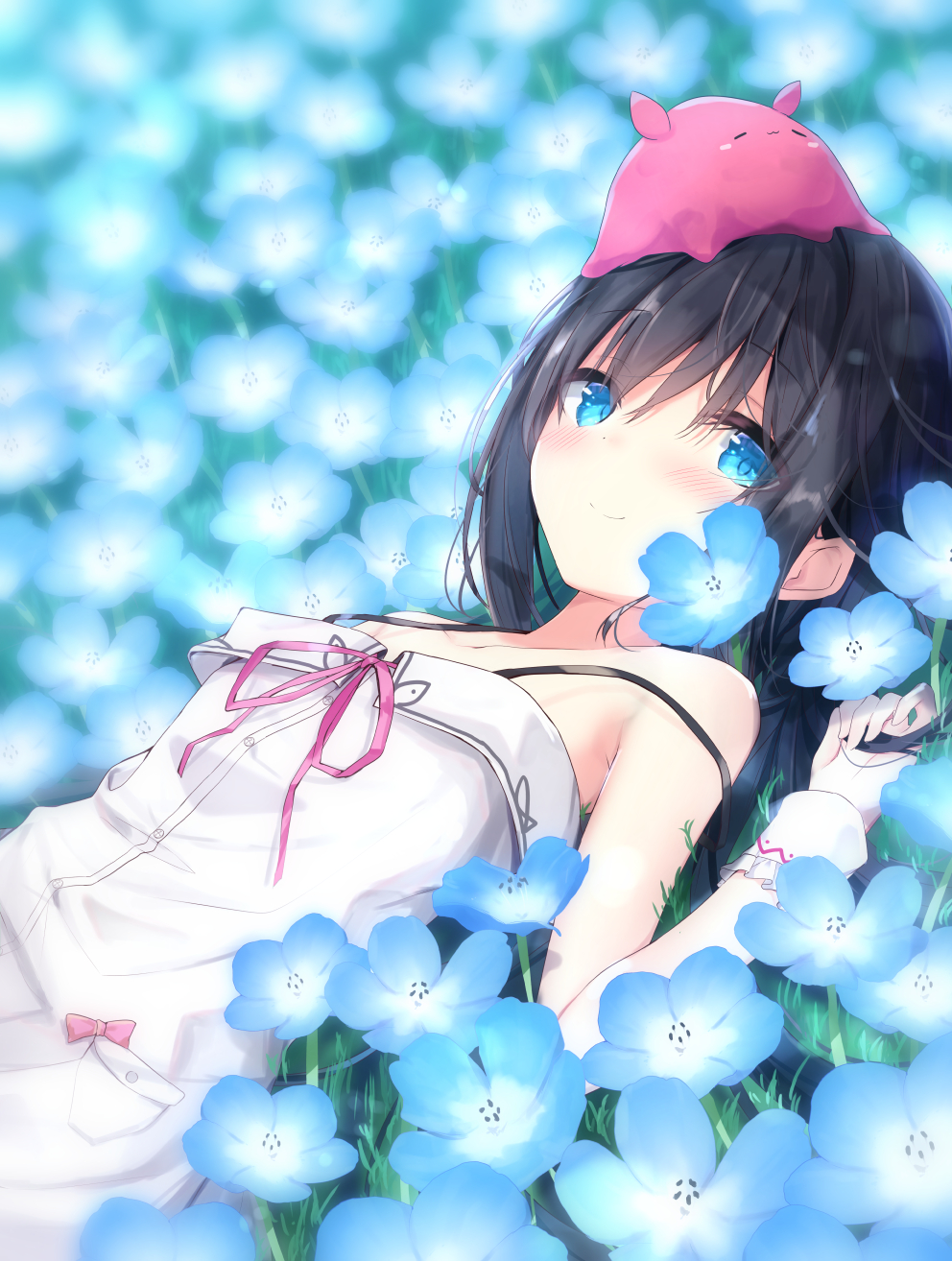 1girl bangs bare_shoulders black_hair blue_eyes blue_flower blurry blurry_background blush breasts closed_mouth collarbone commentary_request day depth_of_field dress eyebrows_visible_through_hair field flower flower_field hair_between_eyes hand_up highres kouda_suzu long_hair looking_at_viewer lying on_back on_head original outdoors pink_ribbon ribbon sleeveless sleeveless_dress small_breasts smile solo strap_slip white_dress wrist_cuffs