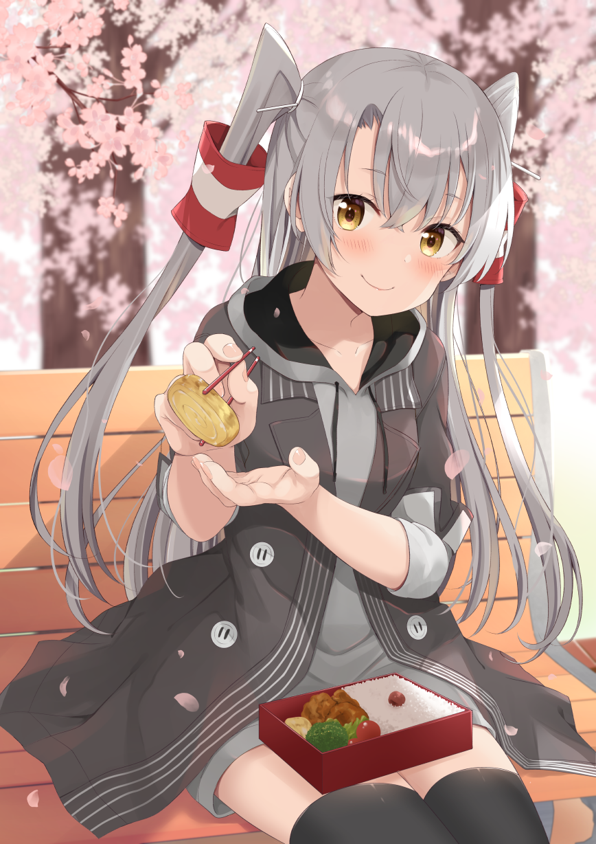 1girl amatsukaze_(kancolle) bench black_legwear brown_eyes cherry_blossoms chopsticks coat cowboy_shot drawstring dress feeding grey_coat grey_dress hair_tubes highres hood hooded_dress hoodie kantai_collection long_hair looking_at_viewer obentou official_alternate_costume omelet outdoors silver_hair sitting smile solo tamagoyaki thighhighs tree two_side_up windsock yoshikita_popuri