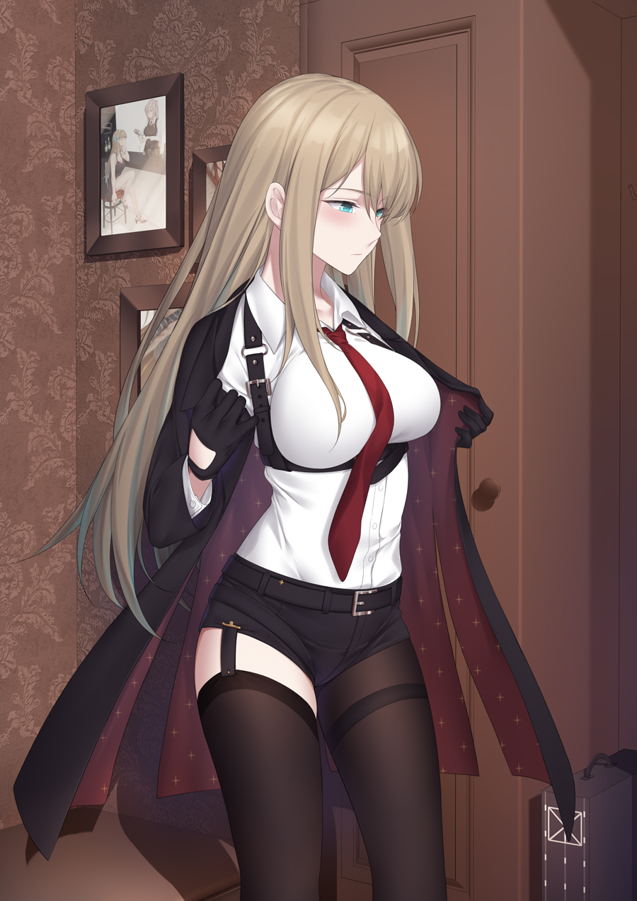 1girl alternate_costume asymmetrical_legwear black_gloves black_legwear black_shorts breasts garter_straps gloves green_eyes highres indoors large_breasts lexington_(cv-16)_(warship_girls_r) long_hair necktie pantyhose platinum_blonde_hair red_neckwear shirt short_shorts shorts single_leg_pantyhose solo thighband_pantyhose thighhighs warship_girls_r white_shirt zhixiang_zhi