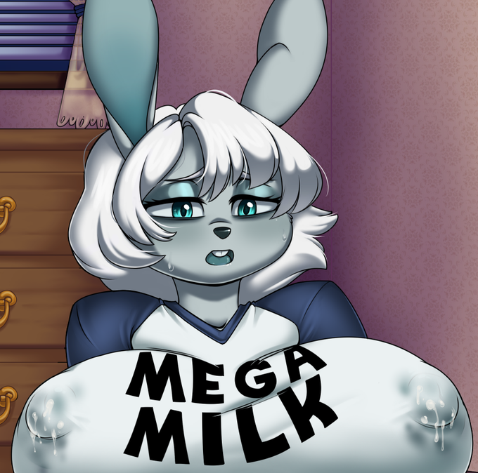 anthro big_breasts blithedragon blush bodily_fluids breasts clothed clothing female fur granbun grey_body grey_fur hair huge_breasts lactating lagomorph leporid mammal mature_anthro mature_female mcsweezy mega_milk meme nipples open_mouth rabbit short_hair solo sweat sweatdrop white_hair