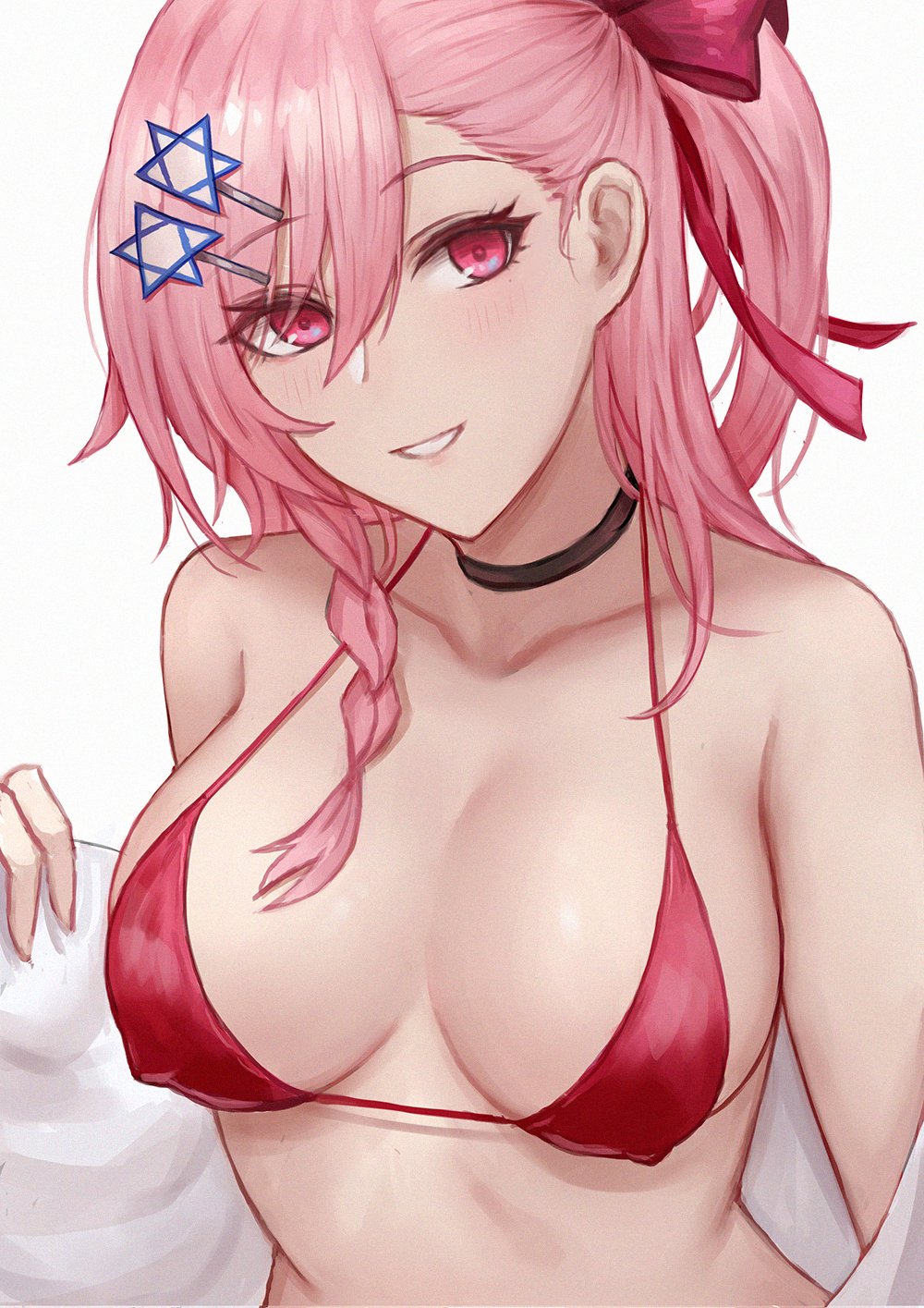 1girl bare_shoulders bikini bikini_top blush braid breasts choker collarbone commentary covered_nipples english_commentary girls_frontline hair_ornament hexagram highres large_breasts looking_at_viewer negev_(girls_frontline) parted_lips pink_eyes pink_hair red_bikini red_eyes selcky simple_background smile solo star_of_david swimsuit upper_body