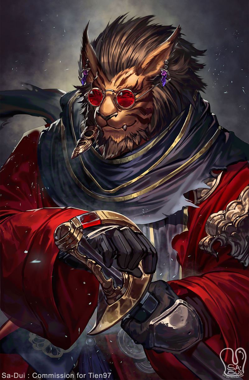 1boy beard black_gloves black_scarf brown_hair commission earrings english_commentary facial_hair fangs final_fantasy final_fantasy_xiv gloves hair_slicked_back highres holding holding_sword holding_weapon hrothgar japanese_clothes jewelry katana kimono looking_at_viewer monster_boy red_kimono round_eyewear sa-dui samurai_(final_fantasy) scabbard scarf sheath smile solo sunglasses sword upper_body weapon whisker_markings