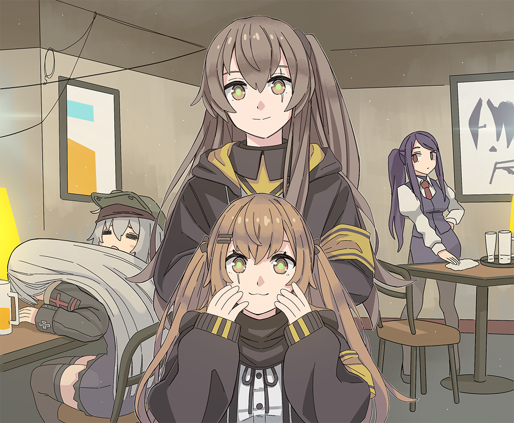 404_(girls_frontline) 5girls :3 alcohol armband bangs beer beer_mug black_jacket black_legwear black_scarf brown_eyes brown_hair chair closed_eyes commentary crossover cup drinking_glass english_commentary g11_(girls_frontline) girls_frontline hair_ornament hairclip hands_on_own_face hat hk416_(girls_frontline) indoors jacket jill_stingray juliet_sleeves long_hair long_sleeves looking_at_viewer mug multiple_girls necktie one_side_up open_clothes open_jacket pantyhose pencil_skirt picture_(object) picture_frame pleated_skirt ponytail puffy_sleeves purple_hair purple_skirt purple_vest red_eyes red_neckwear rug scar scar_across_eye scarf shirt sidelocks silver_hair skirt tab_(tabkun) table tray ump45_(girls_frontline) ump9_(girls_frontline) va-11_hall-a vest white_hair white_shirt